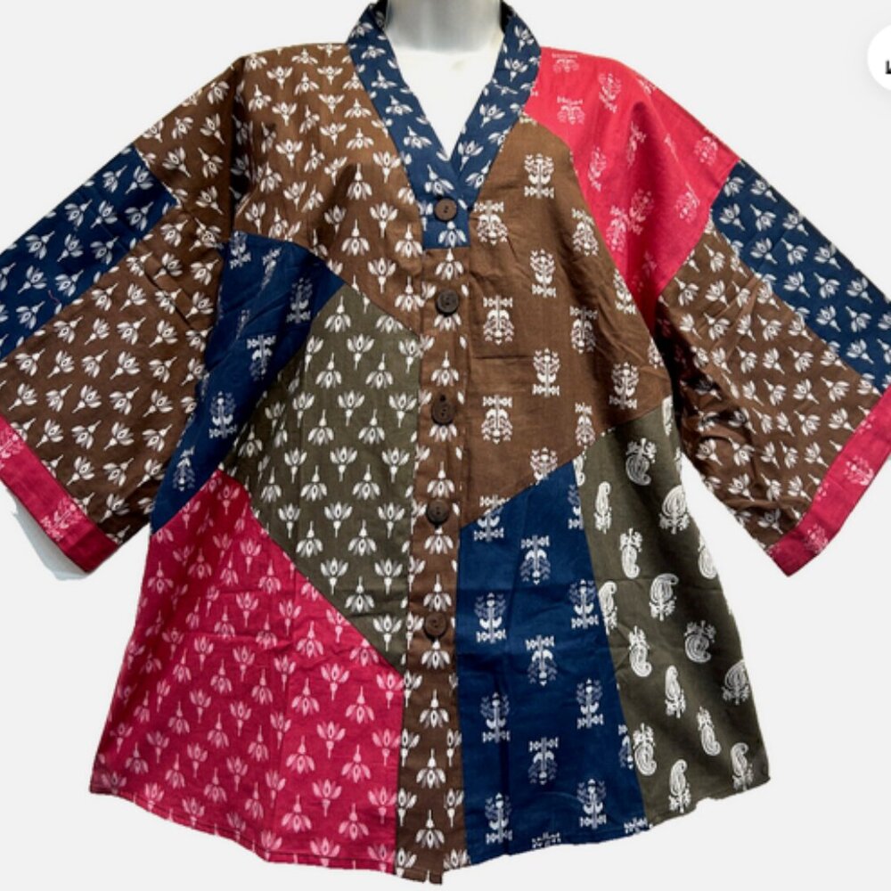 SACRED THREADS gypsy hippy patch floral cotton kimono TOP TUNIC 3X